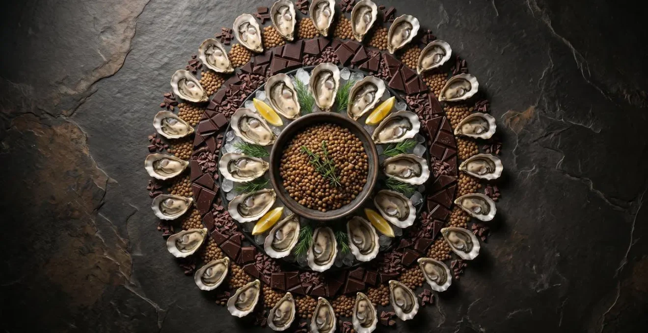 Composición artística de ostras, lentejas y chocolate negro sobre mesa