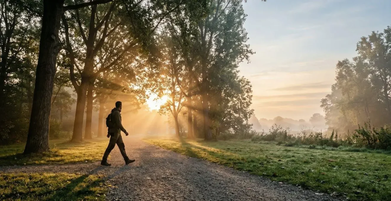 Persona caminando al amanecer en un parque con luz solar dorada filtrándose entre los árboles