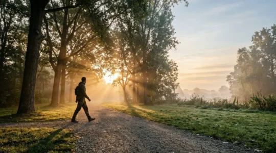 Persona caminando al amanecer en un parque con luz solar dorada filtrándose entre los árboles