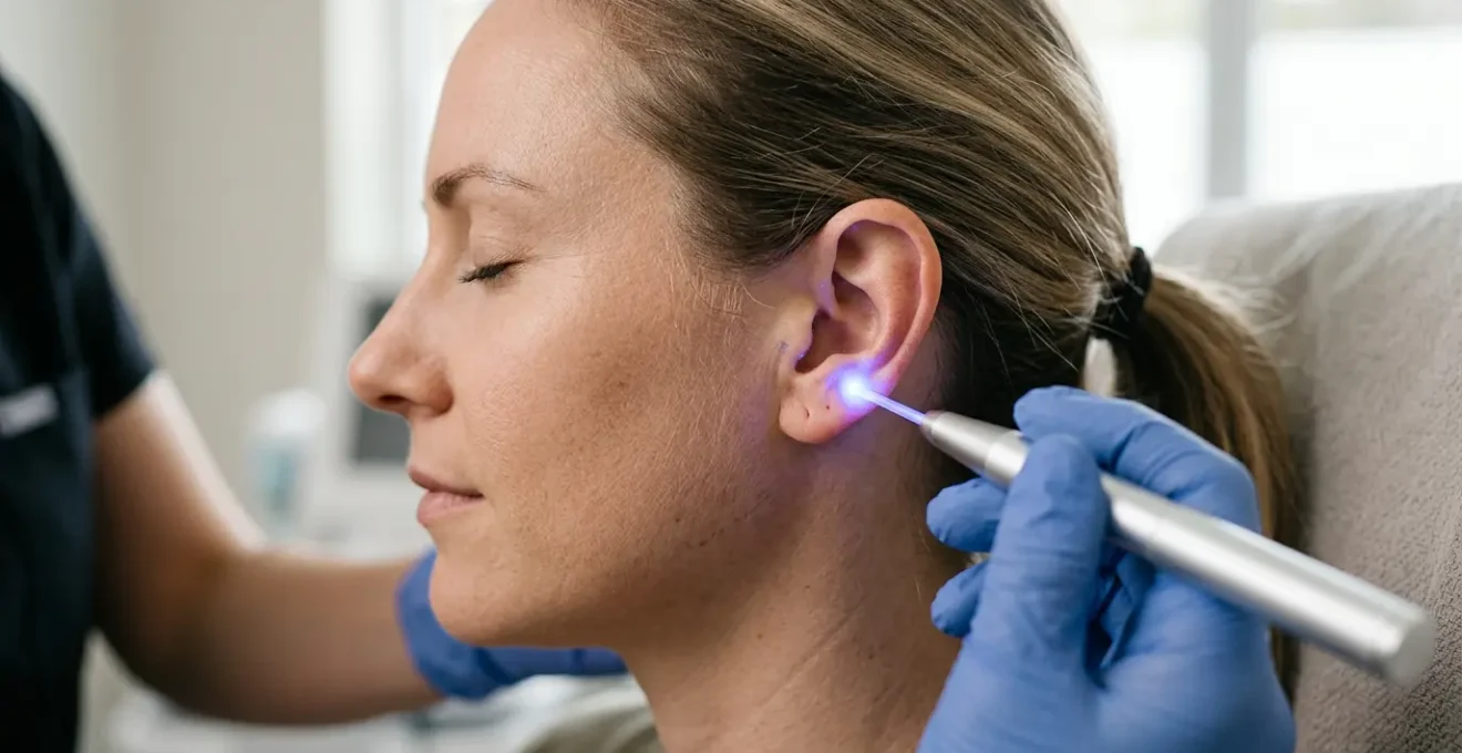 Sesión de auriculoterapia con láser aplicado en los puntos de la oreja para dejar de fumar