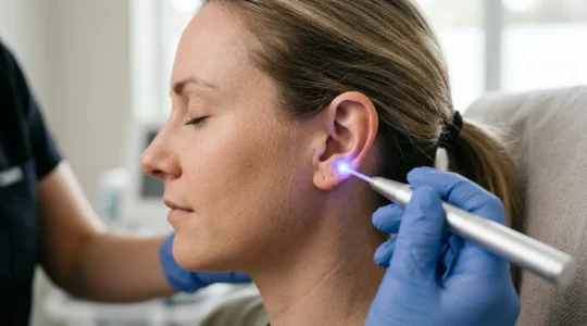 Sesión de auriculoterapia con láser aplicado en los puntos de la oreja para dejar de fumar