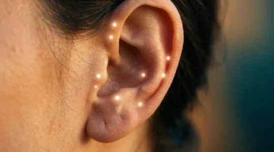 Vista detallada de una oreja con puntos luminosos de auriculoterapia para dejar de fumar