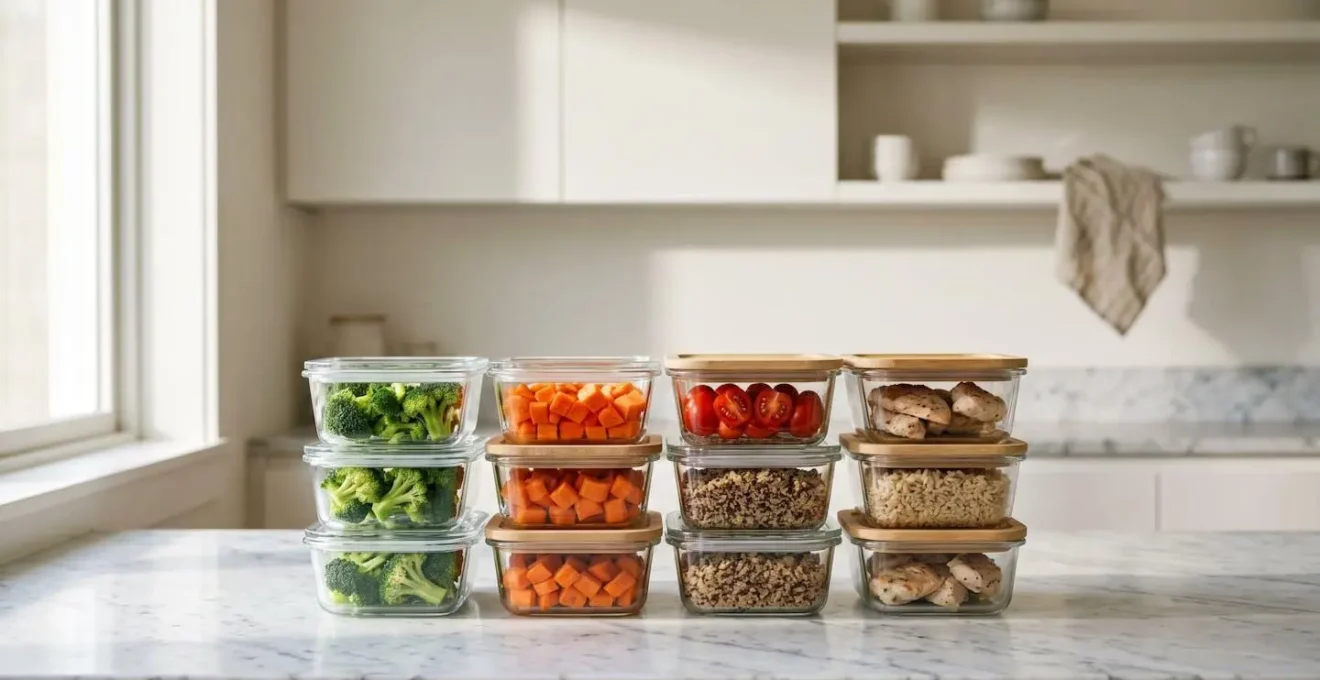 Cocina con contenedores de vidrio organizados mostrando preparación semanal de alimentos saludables