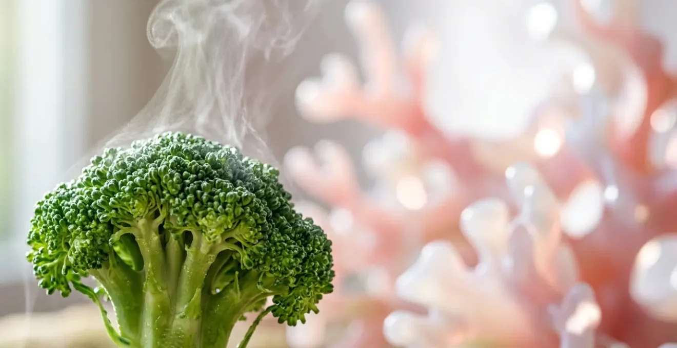 Brócoli fresco con vapor y pulmones abstractos en proceso de limpieza natural