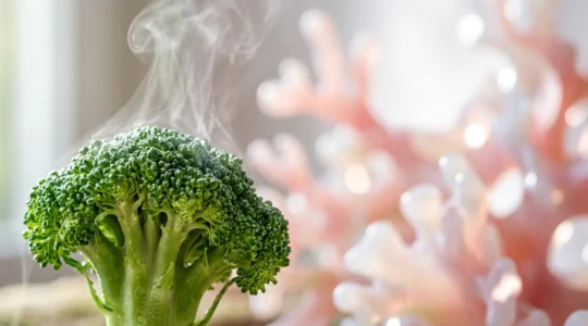 Brócoli fresco con vapor y pulmones abstractos en proceso de limpieza natural