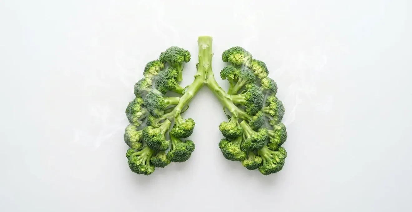 Vista aérea minimalista de brócoli fresco con efecto de vapor purificador