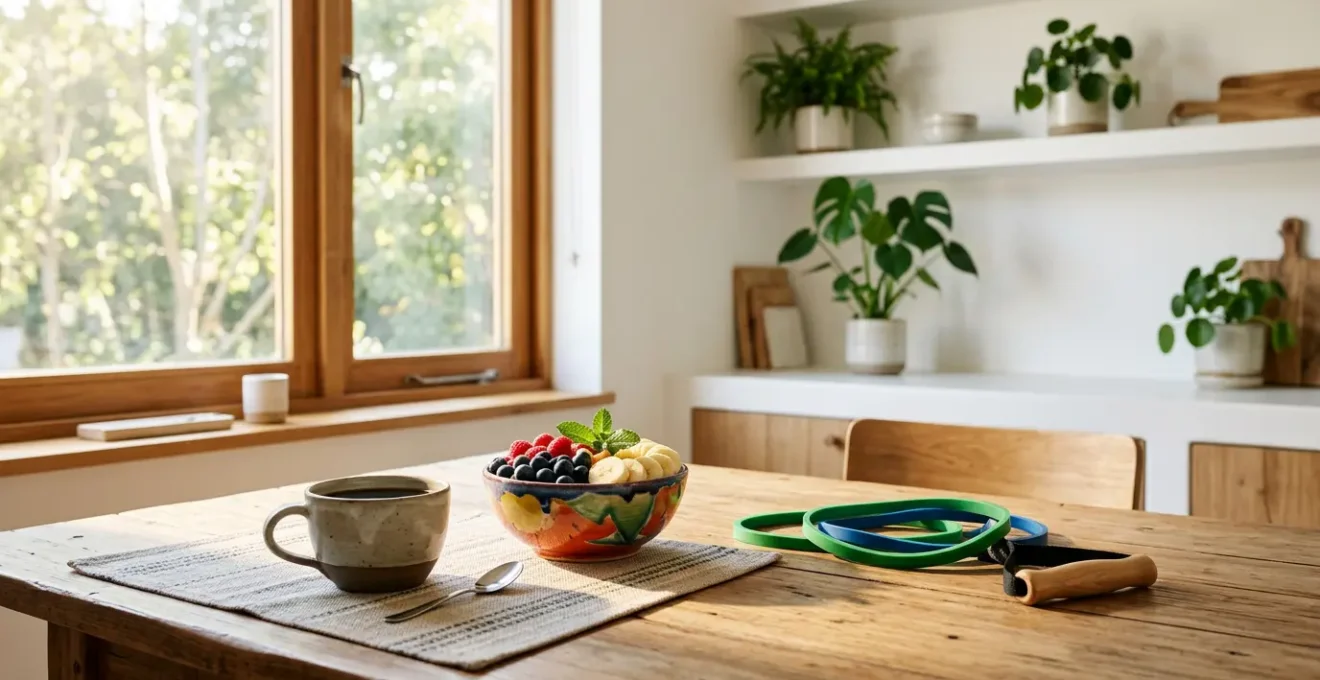 Escena matutina con mesa de desayuno y espacio transformado para nuevos hábitos saludables