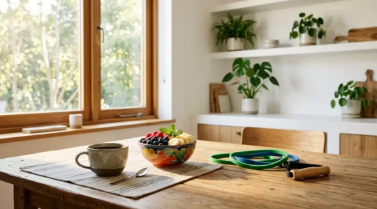 Escena matutina con mesa de desayuno y espacio transformado para nuevos hábitos saludables