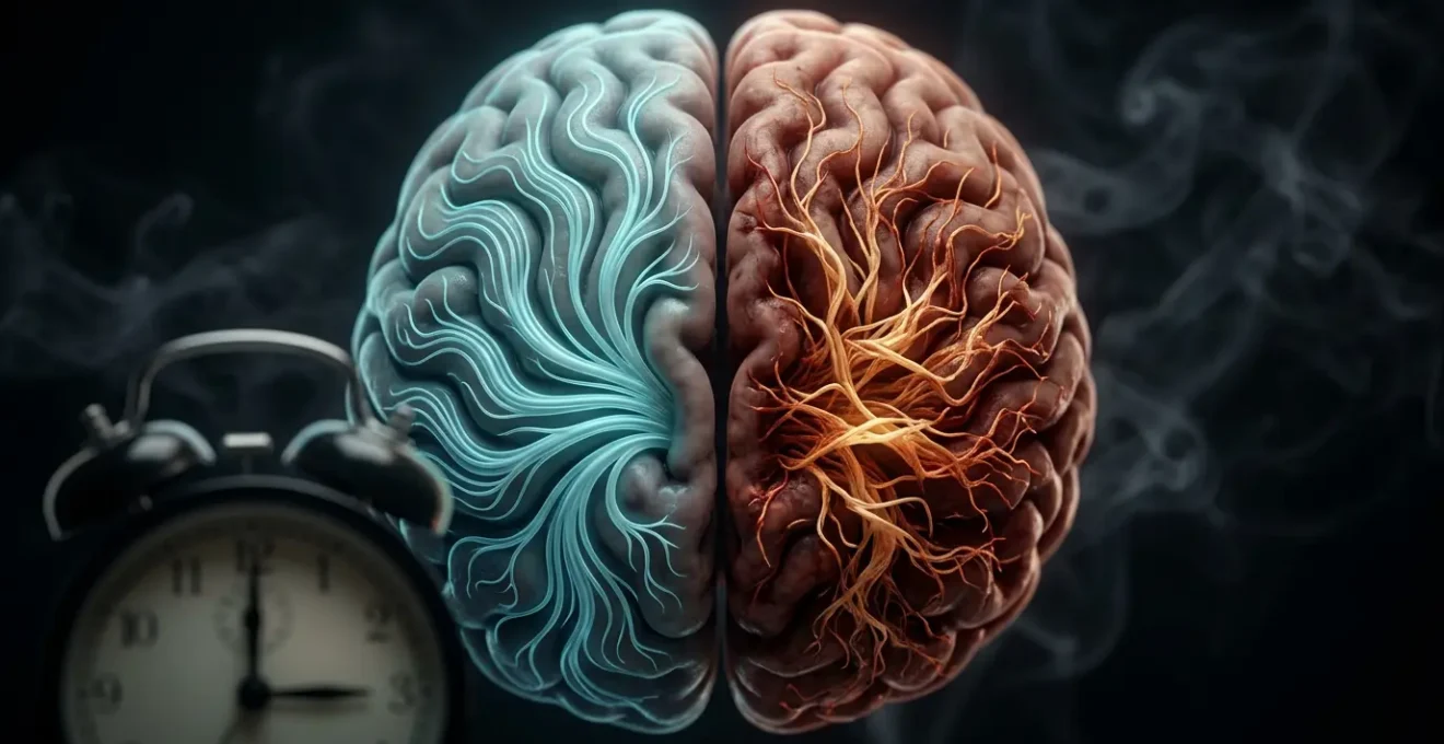 Cerebro humano con patrones de ondas cerebrales mostrando la disrupción del sueño y la fatiga asociada al tabaco