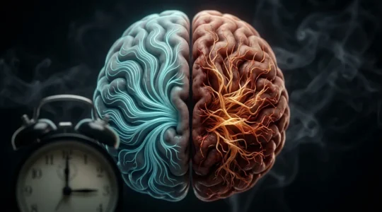 Cerebro humano con patrones de ondas cerebrales mostrando la disrupción del sueño y la fatiga asociada al tabaco