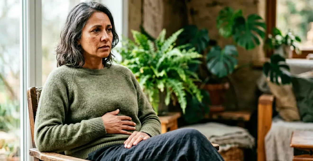 Ex-fumador con expresión de preocupación tocando su abdomen, rodeado de elementos naturales relajantes