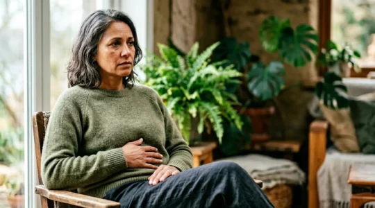 Ex-fumador con expresión de preocupación tocando su abdomen, rodeado de elementos naturales relajantes