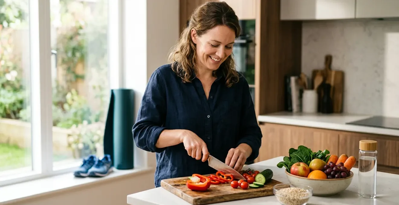 Persona equilibrando alimentos saludables y actividad física tras dejar de fumar