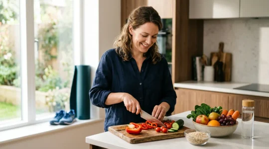Persona equilibrando alimentos saludables y actividad física tras dejar de fumar