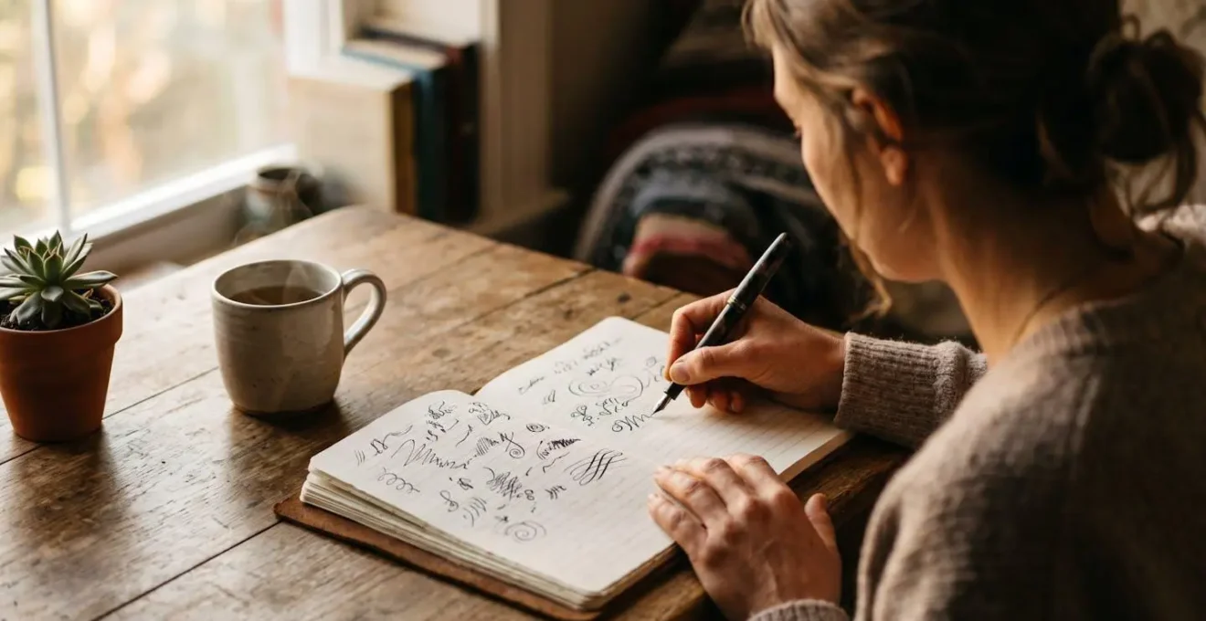Un diario abierto sobre una mesa con una taza de té, simbolizando el acto terapéutico de escribir