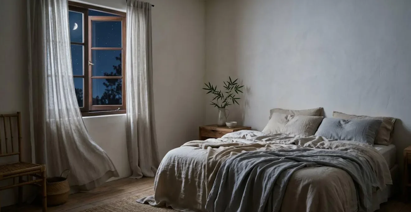 Dormitorio minimalista iluminado por luz lunar suave con ventana entreabierta