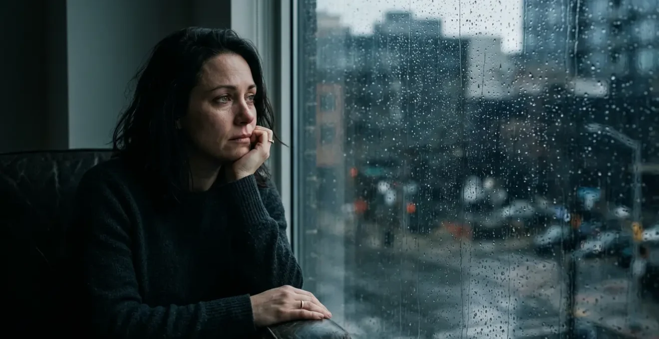 Persona mirando a través de una ventana con gotas de lluvia, expresión reflexiva y melancólica
