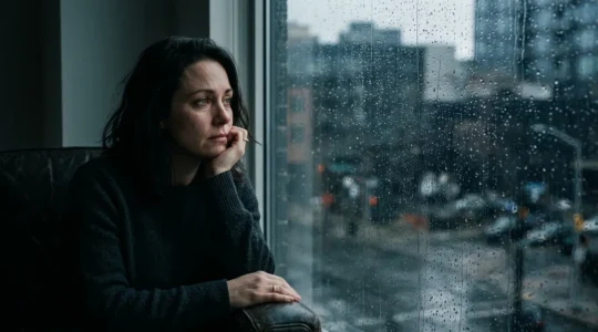Persona mirando a través de una ventana con gotas de lluvia, expresión reflexiva y melancólica