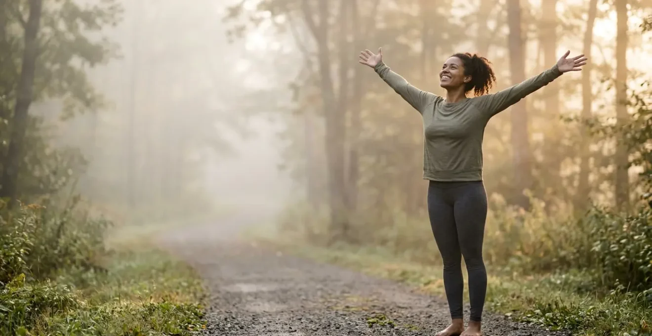 Persona realizando ejercicio matutino al aire libre con postura abierta y energética