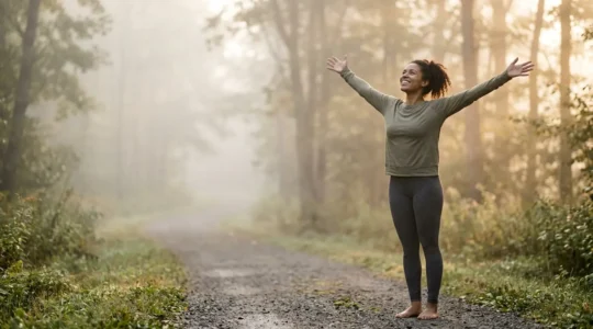 Persona realizando ejercicio matutino al aire libre con postura abierta y energética