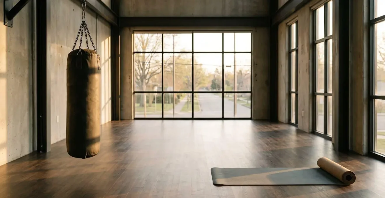 Vista amplia de gimnasio vacío al amanecer con saco de boxeo y mat de yoga