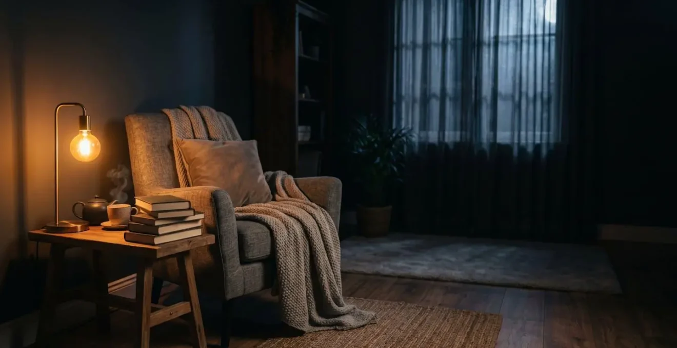 Rincón de lectura nocturna con lámpara de luz ámbar y libro cerrado sobre mesa auxiliar