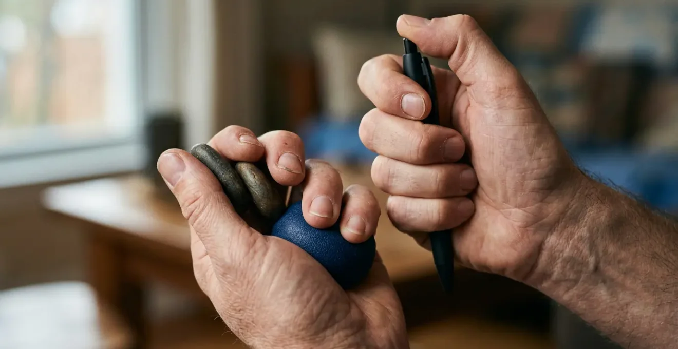 Ex-fumador manejando ansiedad con objetos táctiles sustitutivos