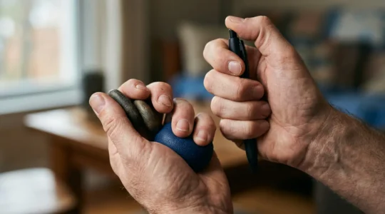 Ex-fumador manejando ansiedad con objetos táctiles sustitutivos