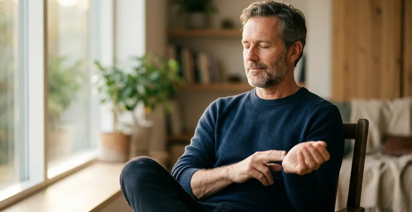 Vista frontal de un hombre relajado midiendo su pulso en reposo con expresión tranquila