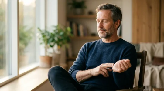 Vista frontal de un hombre relajado midiendo su pulso en reposo con expresión tranquila