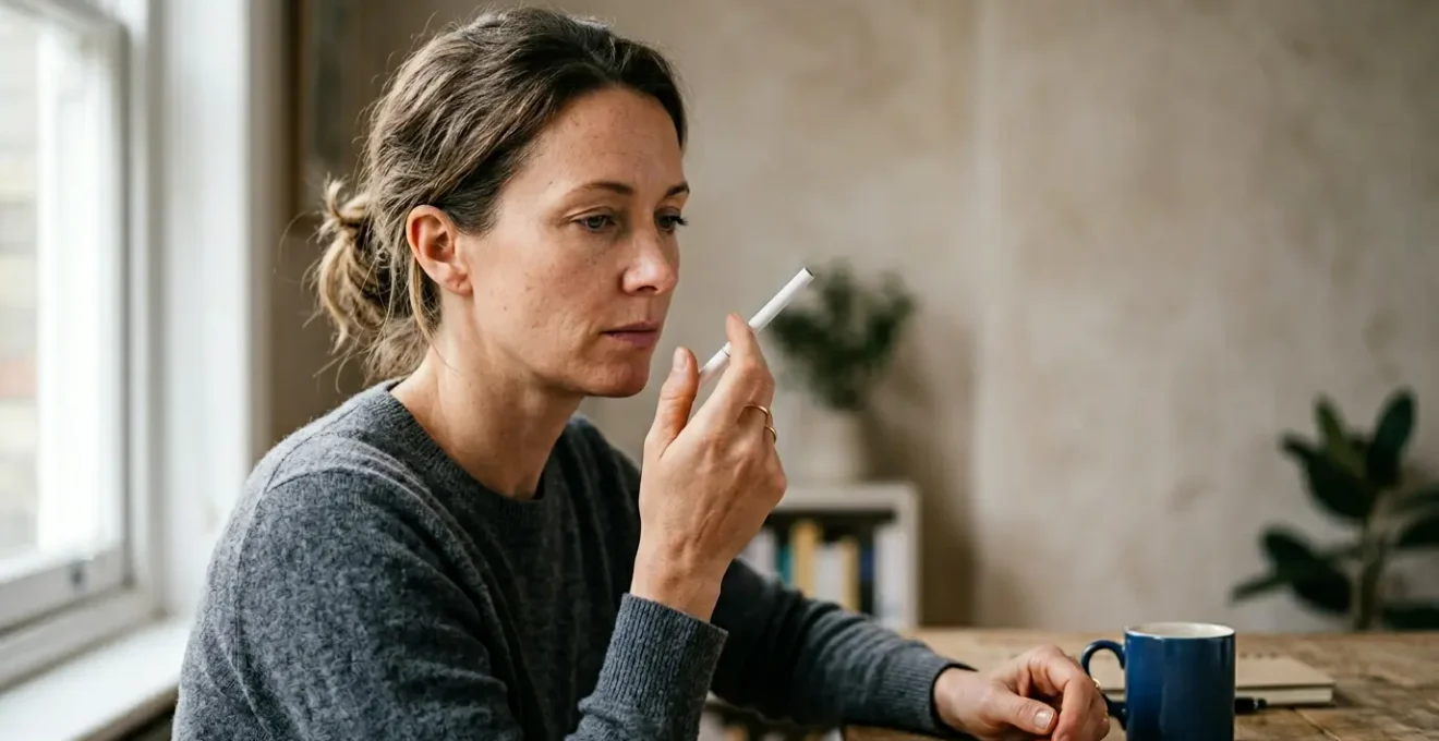 Persona sosteniendo un inhalador de nicotina cerca de la boca con expresión reflexiva