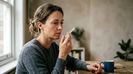 Persona sosteniendo un inhalador de nicotina cerca de la boca con expresión reflexiva