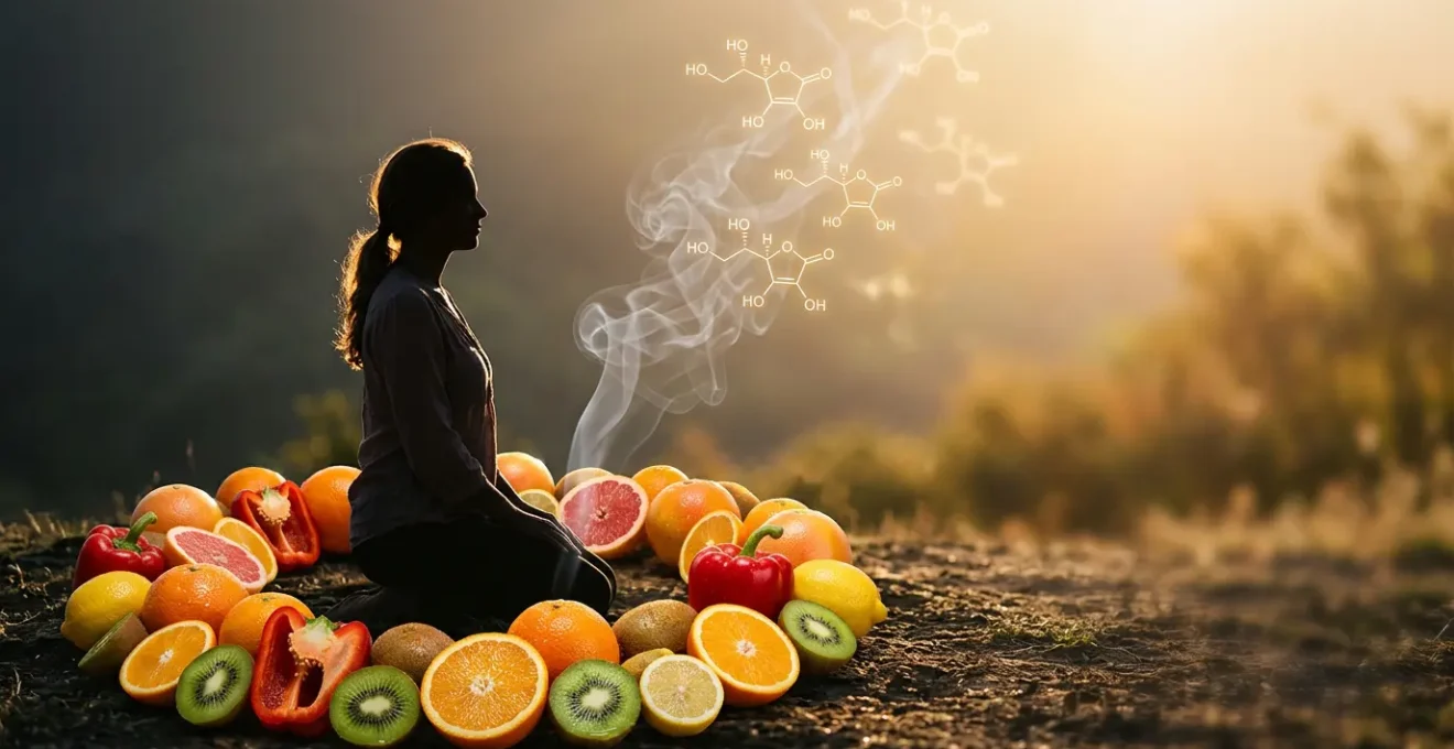 Persona rodeada de frutas cítricas con vapores disipándose en el ambiente