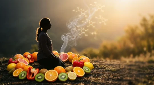 Persona rodeada de frutas cítricas con vapores disipándose en el ambiente