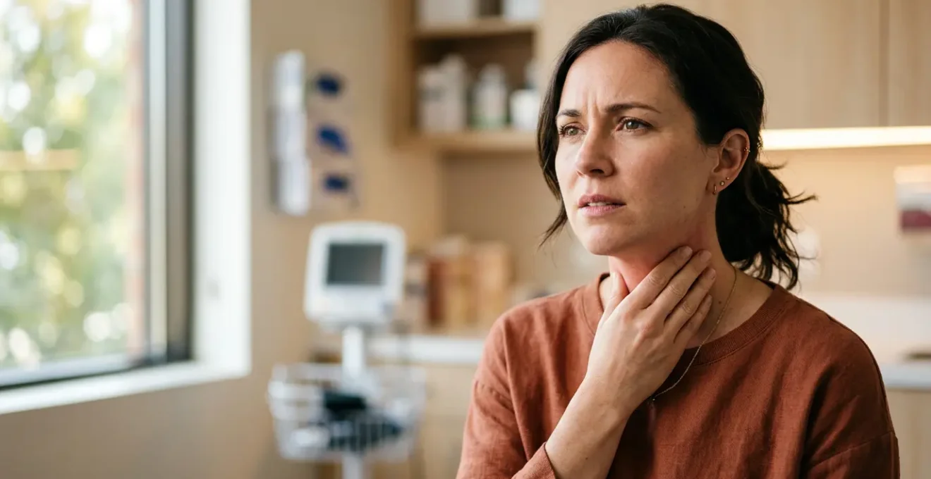 Persona con mano en la garganta mostrando molestia al usar chicle de nicotina