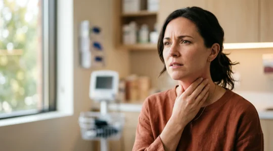 Persona con mano en la garganta mostrando molestia al usar chicle de nicotina