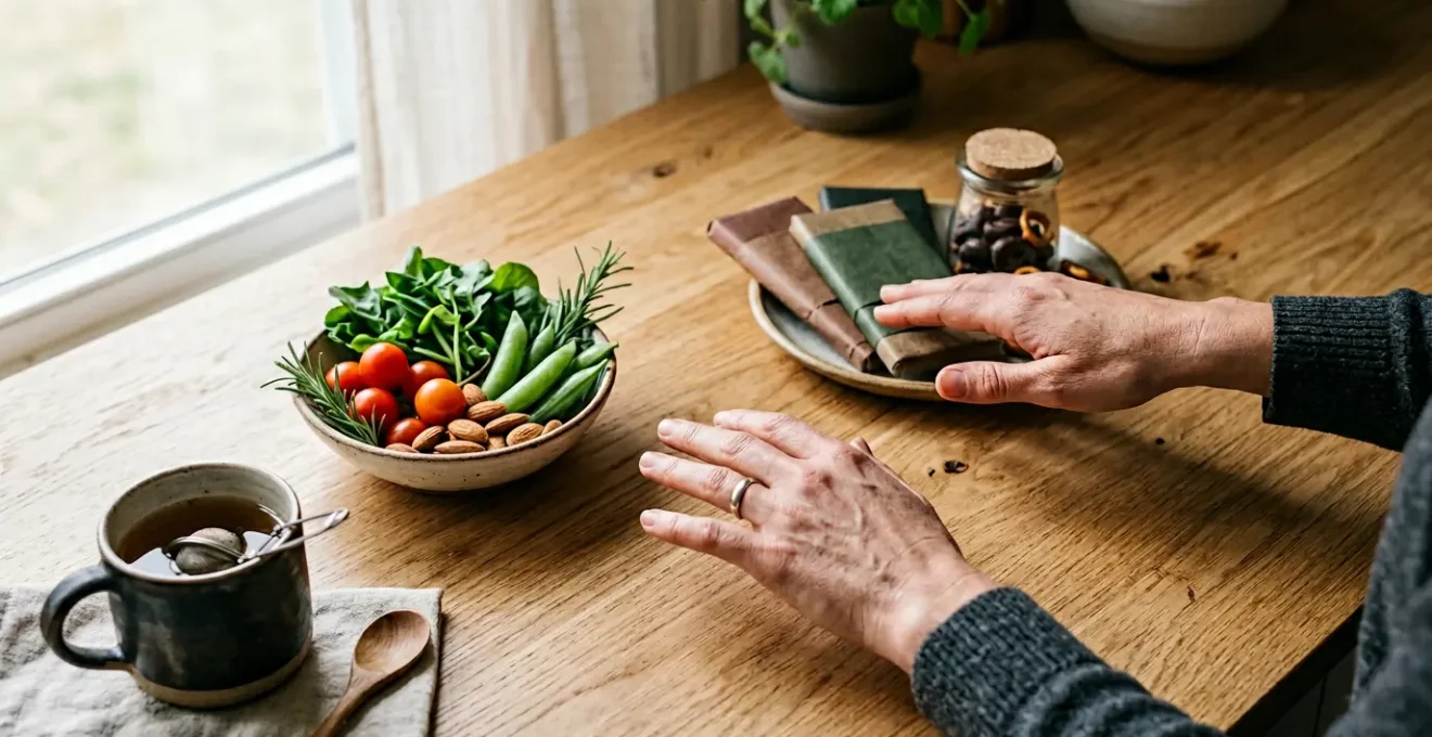 Persona en momento de decisión entre alimentos saludables y antojos emocionales