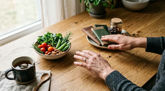 Persona en momento de decisión entre alimentos saludables y antojos emocionales