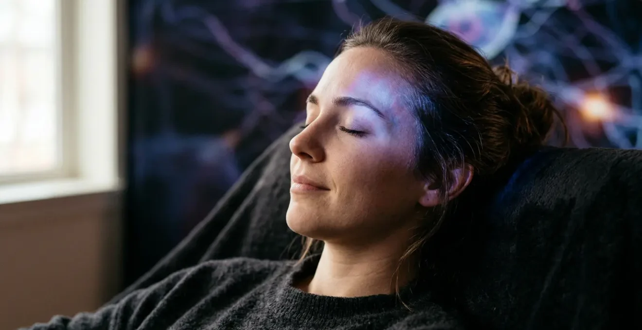 Persona en estado de relajación profunda durante sesión de hipnosis clínica con visualización de ondas cerebrales