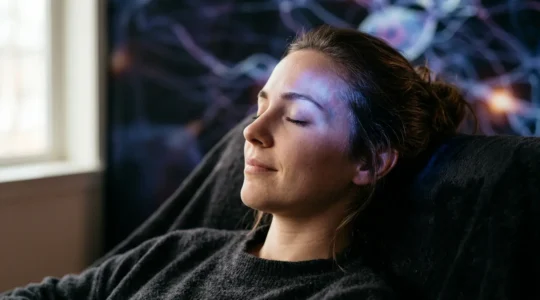 Persona en estado de relajación profunda durante sesión de hipnosis clínica con visualización de ondas cerebrales