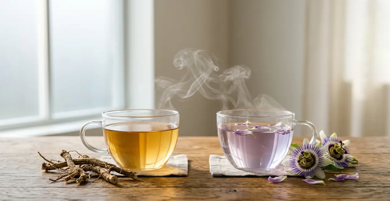 Comparación visual de infusiones de valeriana y pasiflora con sus plantas y beneficios para el fumador