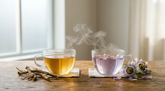 Comparación visual de infusiones de valeriana y pasiflora con sus plantas y beneficios para el fumador