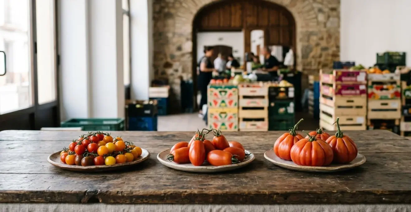 Mesa con tres variedades de tomates españoles para cata comparativa
