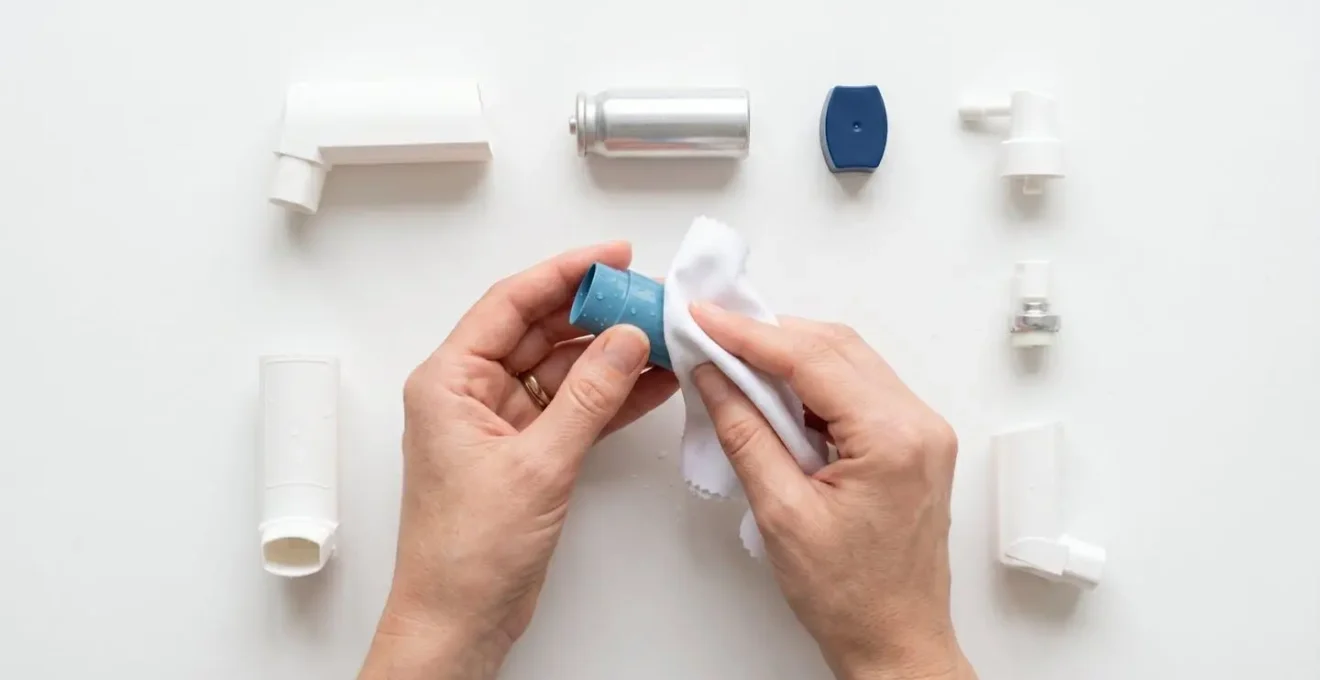 Manos limpiando cuidadosamente las partes de un inhalador de nicotina desarmado