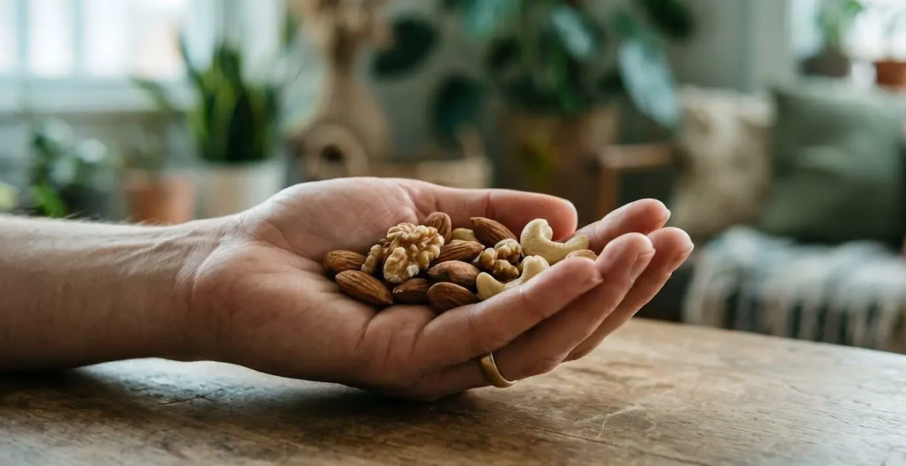 Mano sosteniendo almendras y nueces con efecto calmante visual