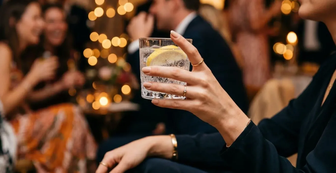 Mano sosteniendo elegante vaso de agua con gas y limón en ambiente de fiesta