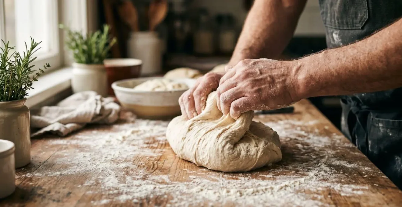 Manos trabajando masa de pan artesanal en cocina iluminada