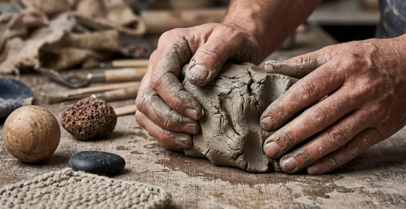 Manos trabajando con arcilla y objetos táctiles antiestrés