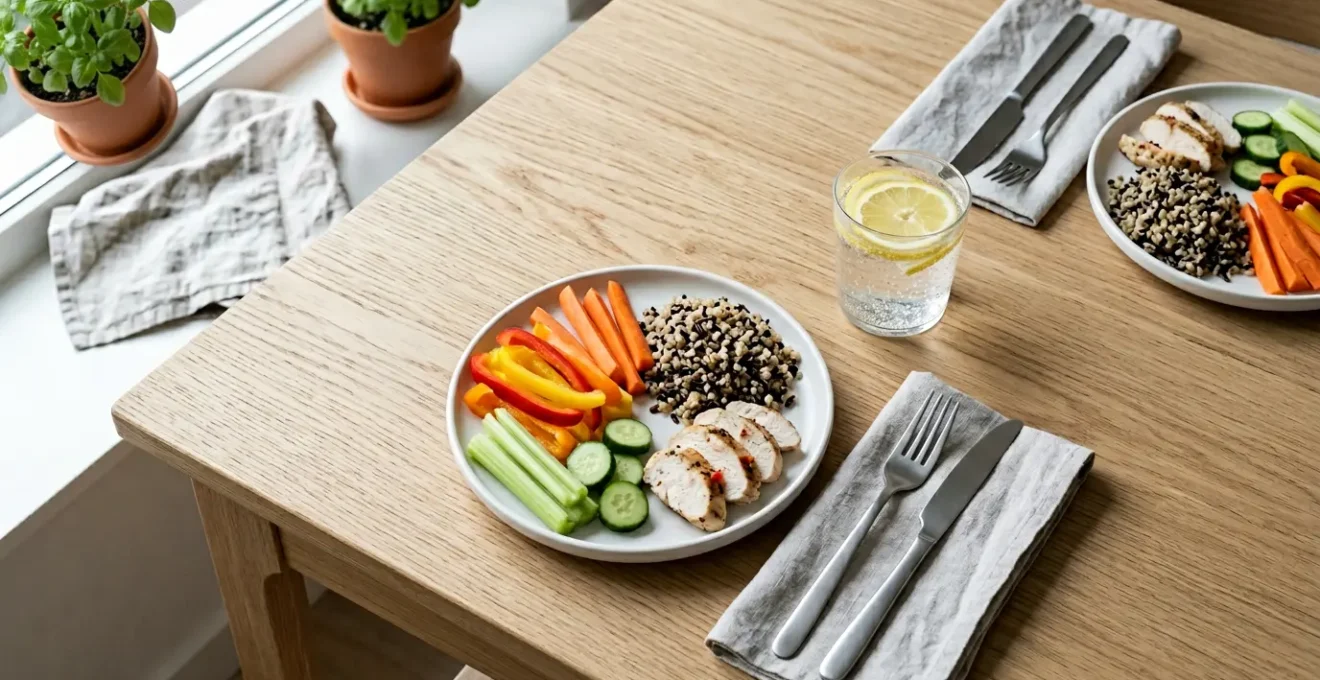 Mesa con platos pequeños y porciones controladas, vegetales coloridos y un vaso de agua