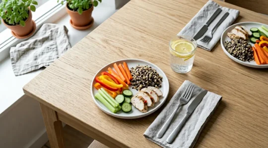 Mesa con platos pequeños y porciones controladas, vegetales coloridos y un vaso de agua